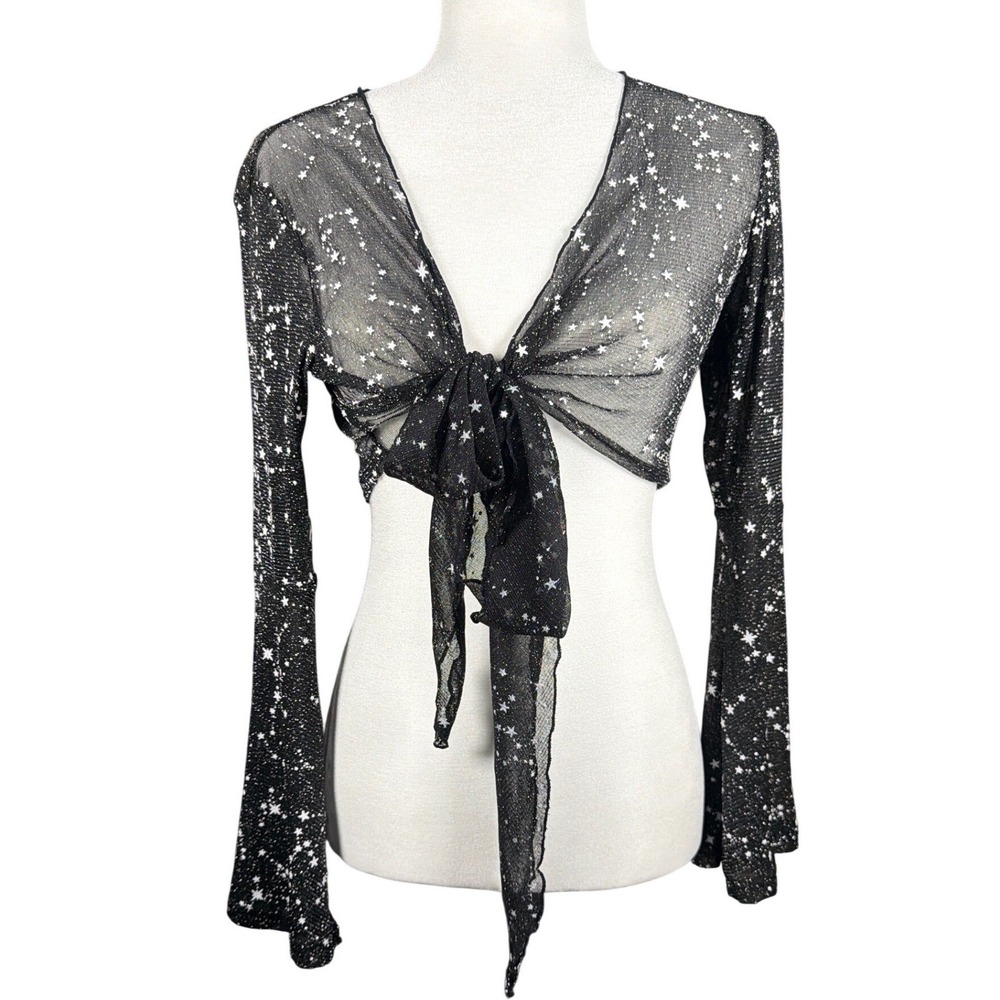 FOR G&PL Black Star Print Sheer Mesh Tie Front‎ Cropped Shrug Bell Sleeve Small